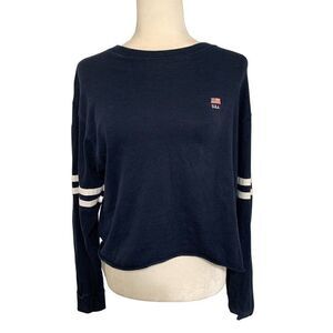 john galt womens Navy blue white Crop USA long sleeve top t shirt